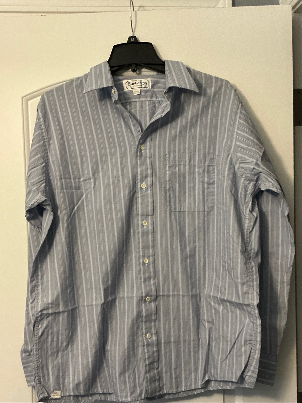 Burberry Blue and White Vertical Stripe Casual Button-Down Shirt